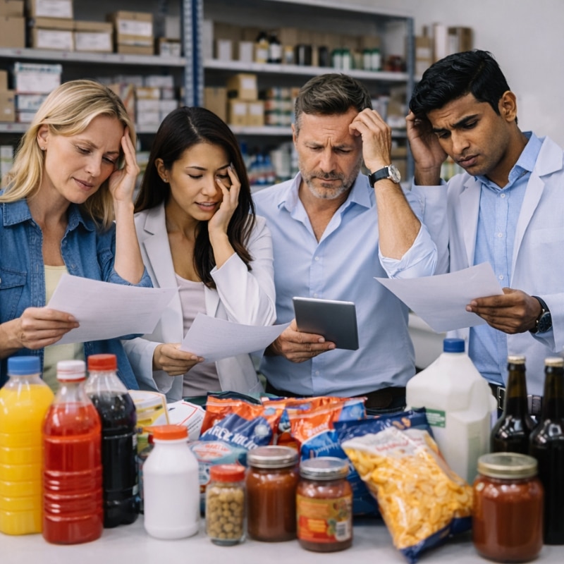 Food & Beverage Distribution Marketing Agency team reviewing documents and tablet beside packaged food and drink products in a warehouse setting.