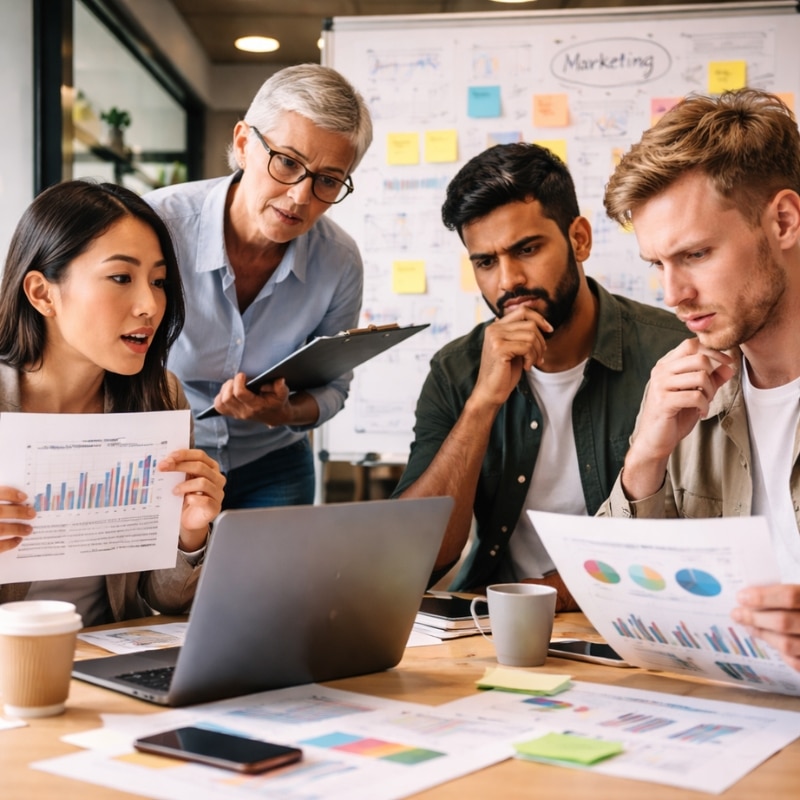 IT Marketing Agency team reviewing performance charts and reports around a laptop, analysing marketing data during a strategy meeting.