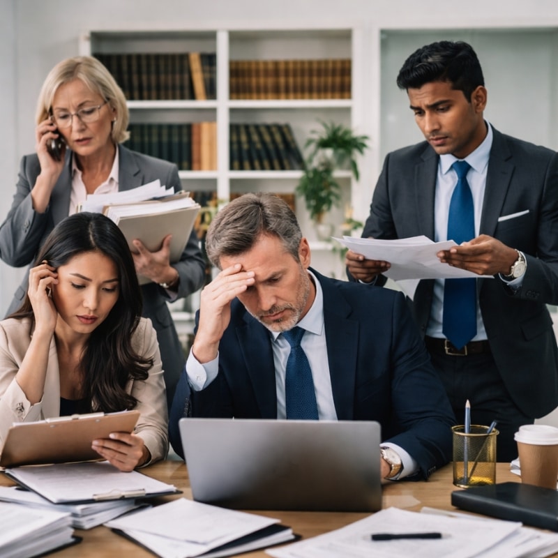 Law Firm Marketing Agency professionals reviewing legal documents in an office, analysing paperwork, using laptops, tablets and phones under work pressure.