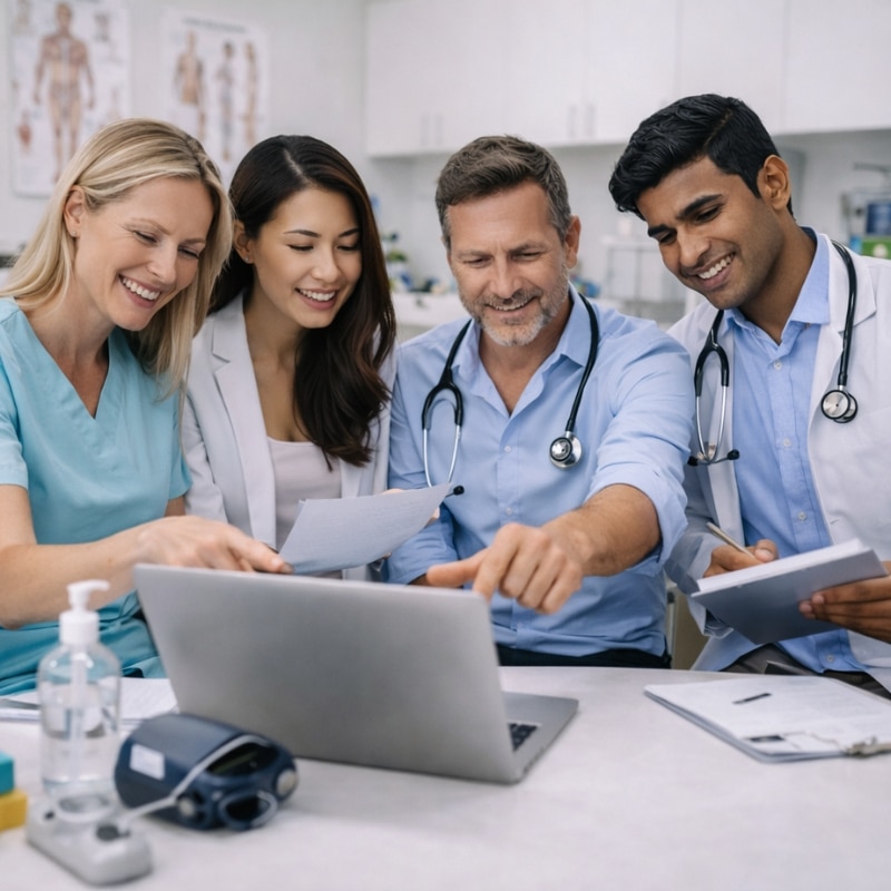Four medical professionals reviewing documents and a laptop together in a clinic, collaborating with a Medical Marketing Agency on digital strategy.