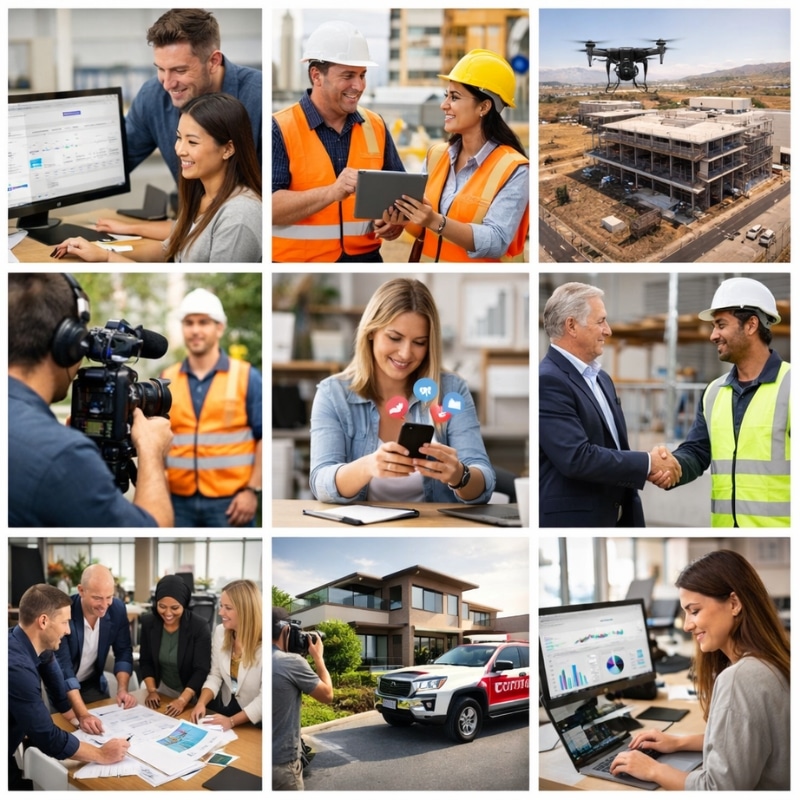 Construction Marketing Agency collage showing construction teams using analytics software, site tablets, drone building footage, video production, social media engagement, client handshakes, planning meetings, property photography, and marketing dashboards.