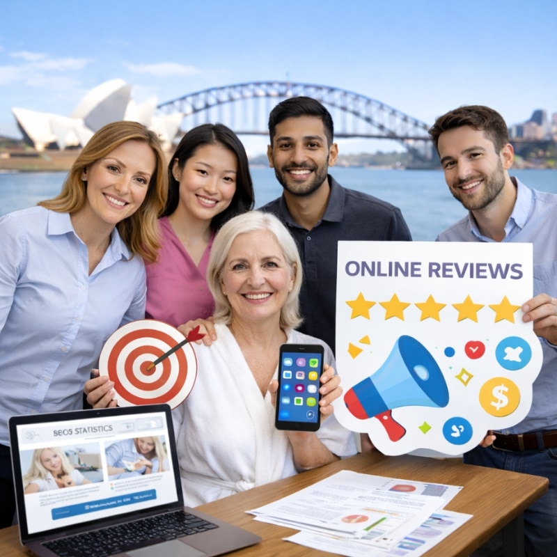 Group of professionals holding online reviews, a smartphone, marketing reports and a target icon, promoting results from a Cosmetic Clinic Marketing Agency in Sydney.
