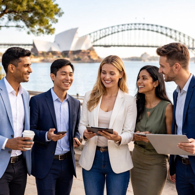 Financial Services Marketing Agency team standing near Sydney Harbour, smiling while using tablets and phones with the Opera House and Harbour Bridge behind them.