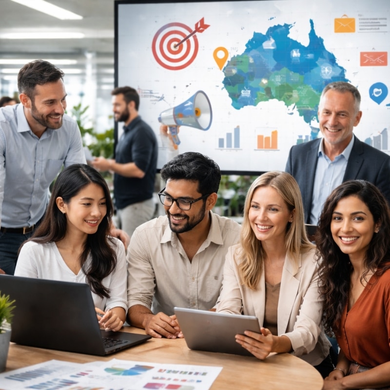 IT Marketing Agency team collaborating at a table, reviewing laptops and tablets, with an Australia map, charts and targeting visuals on screen.