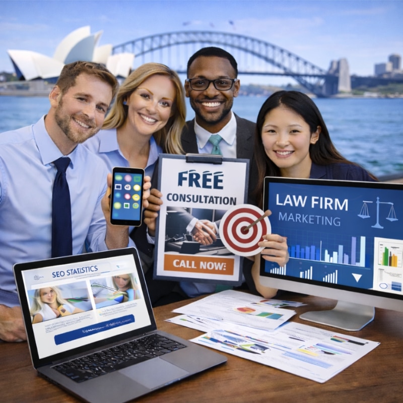 Law Firm Marketing Agency team standing by Sydney Harbour, holding a free consultation sign, marketing dashboard, target graphic, smartphone and laptop.