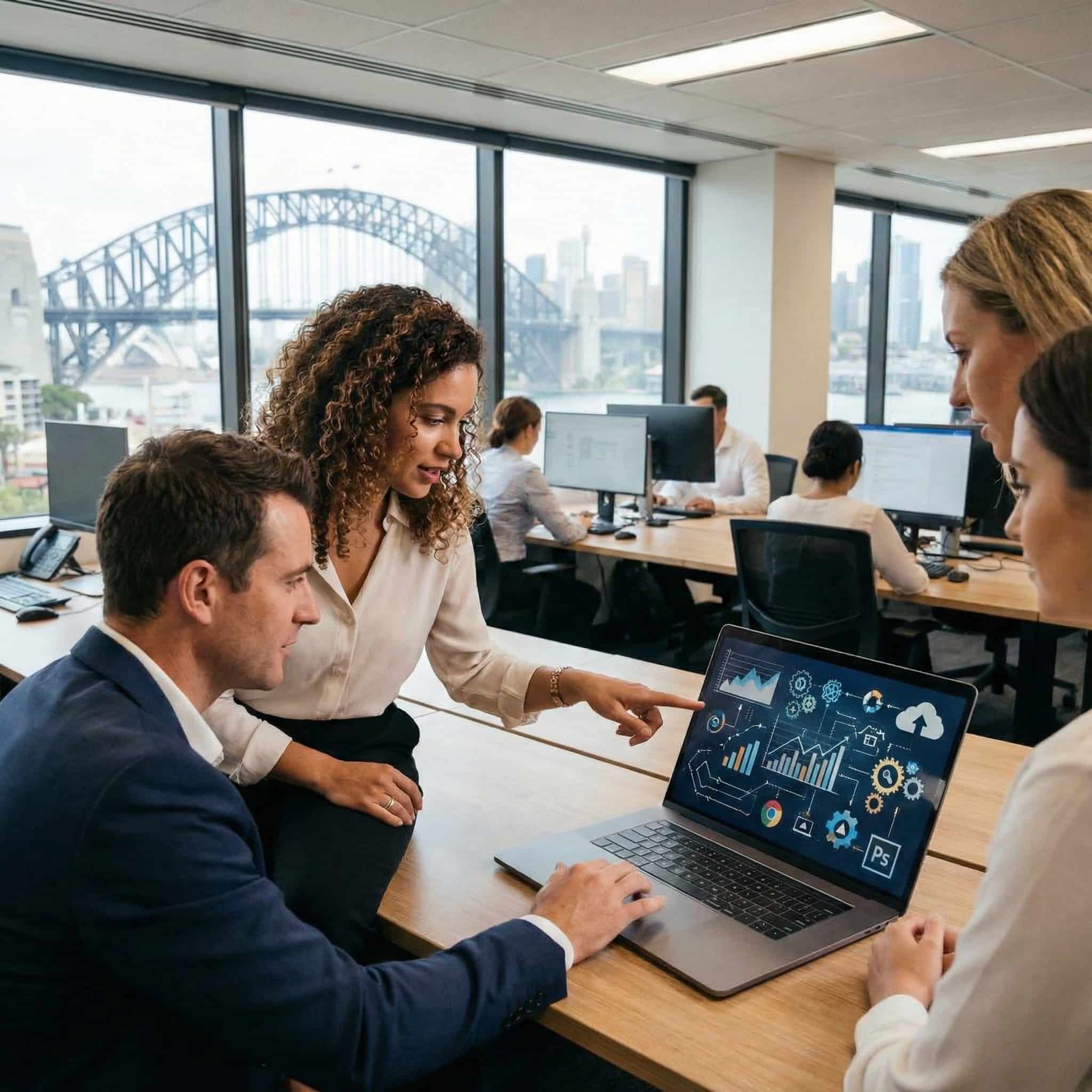 Business team reviewing an AI workflow automation dashboard in an Australian office.
