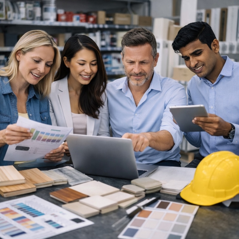 Four professionals reviewing charts on a laptop with timber samples and a hard hat, working with a Building Materials Distribution Marketing Agency.