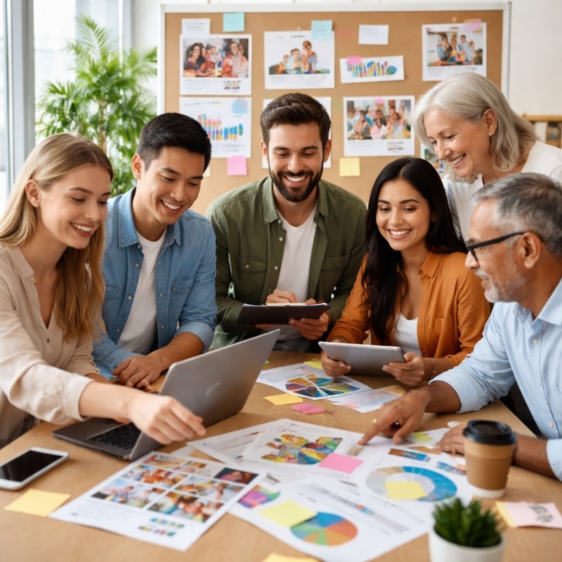 Childcare Marketing Agency image showing a diverse team reviewing childcare marketing plans, charts and photos around a shared table.