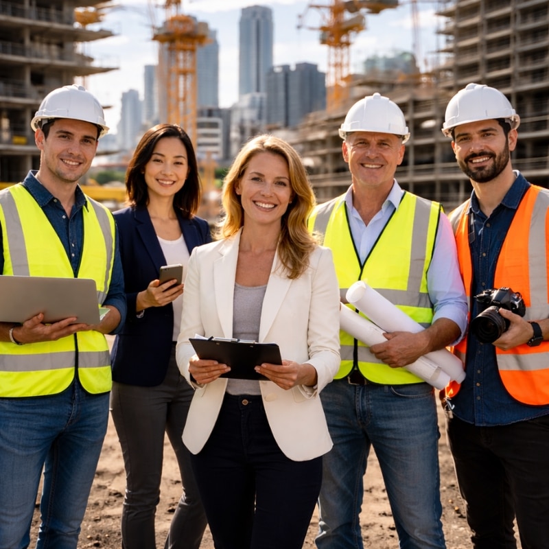 Construction Marketing Agency image showing a construction team wearing safety vests and hard hats on an active building site, holding tablets, plans, and a camera.