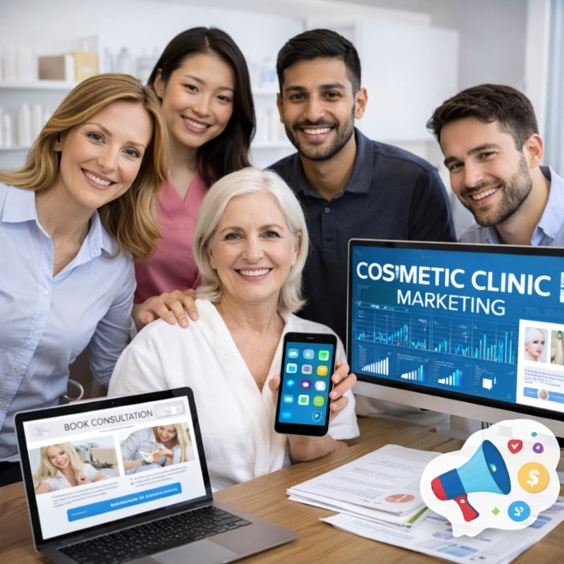 Five professionals smiling in a clinic office holding a smartphone, laptop and marketing dashboard, representing a Cosmetic Clinic Marketing Agency.
