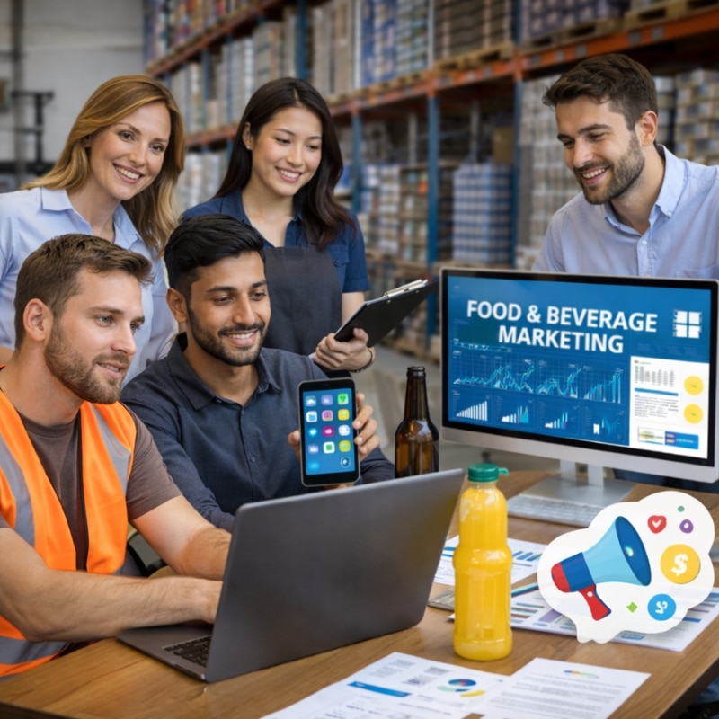 Food & Beverage Distribution Marketing Agency team reviewing warehouse marketing data on laptop and desktop, with mobile app, bottled drink, clipboard and analytics reports.