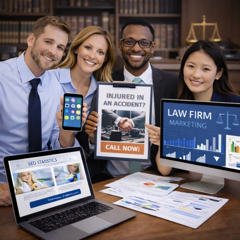 Law Firm Marketing Agency team seated at a desk with laptop, smartphone, printed reports, marketing dashboard and a “Injured in an accident” call now sign.