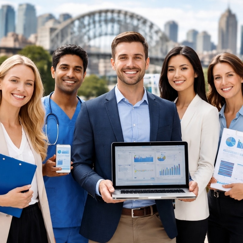 Group of healthcare professionals holding a laptop, tablet and reports in Sydney, presenting analytics with a Medical Marketing Agency.