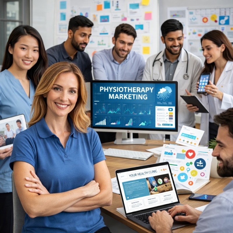 Physiotherapy and allied health professionals reviewing digital dashboards and clinic websites in an office, representing a Physio & Allied Health Marketing Agency.