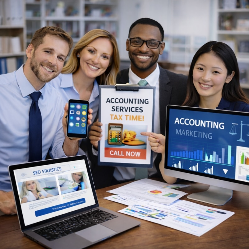 Accounting Firm Marketing Agency team presenting an accounting services tax time sign, SEO statistics on a laptop, accounting marketing dashboard, and reports on a desk.