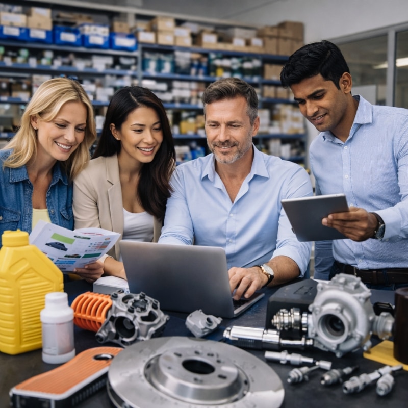 Automotive Parts Distribution Marketing Agency team reviewing data on a laptop in a warehouse, surrounded by automotive parts, tools and stock shelves.