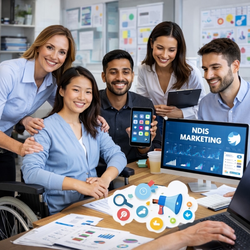 NDIS Marketing Agency team with a wheelchair user, smiling professionals, smartphone display, and NDIS marketing dashboard on a desktop screen.