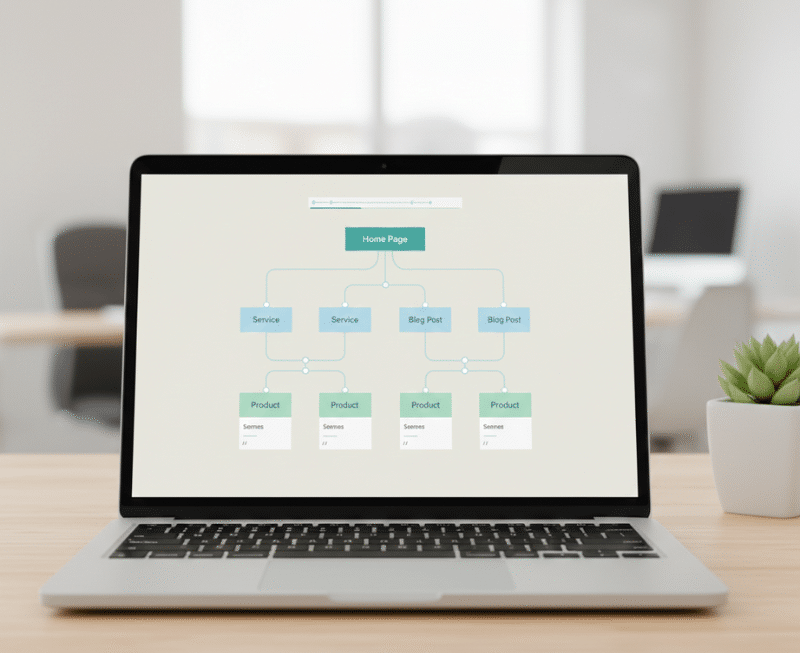 Website structure diagram showing page hierarchy, internal links, breadcrumbs and clean URL paths for SEO improvements