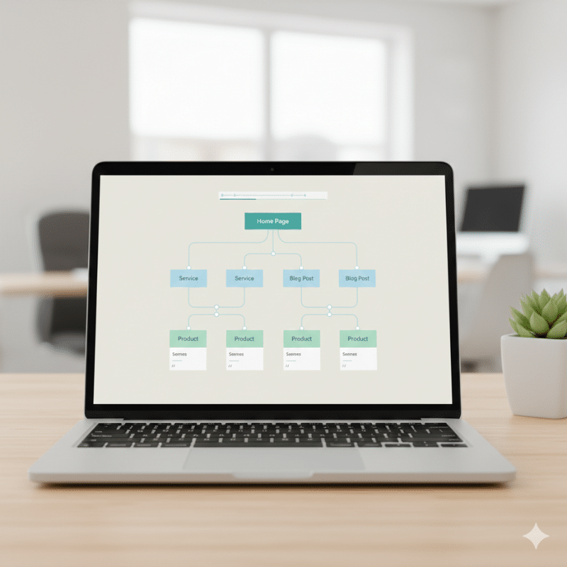 Website structure diagram showing page hierarchy, internal links, breadcrumbs and clean URL paths for SEO improvements