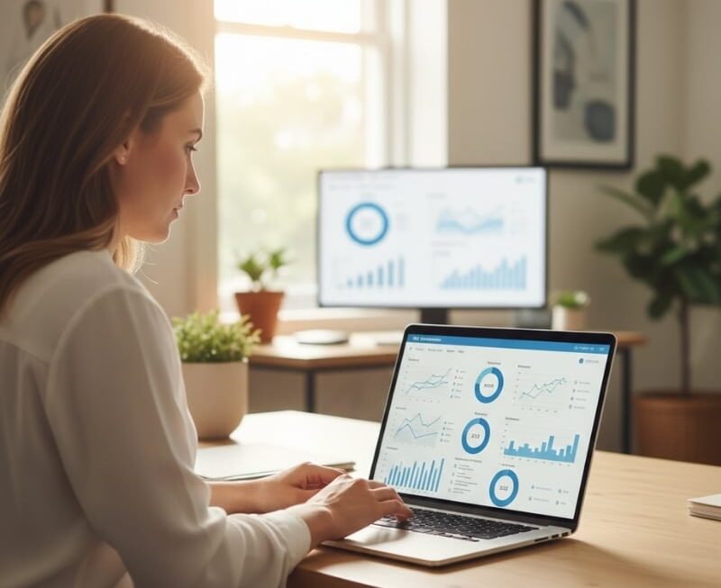 Australian business owner reviewing SEO performance indicators and competitor growth on a laptop