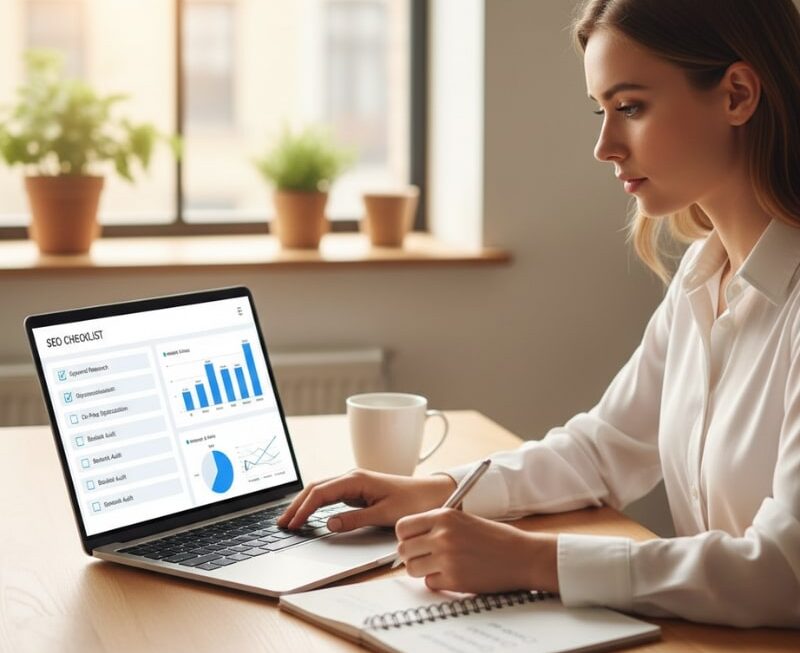 Australian business owner reviewing SEO myths checklist and website performance on a laptop