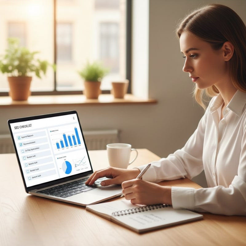 Australian business owner reviewing SEO myths checklist and website performance on a laptop