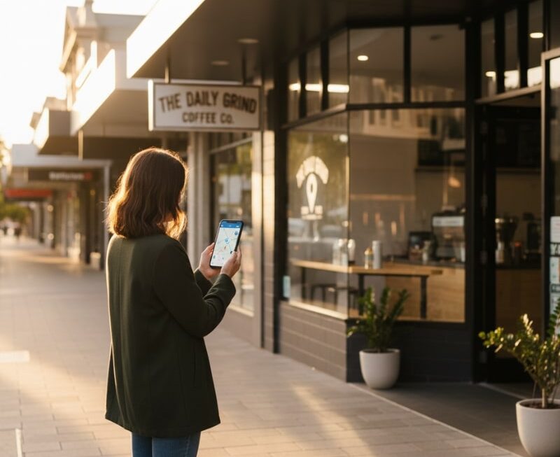 Person using a map app on a phone outside an Australian small business, representing local visibility driving local revenue.