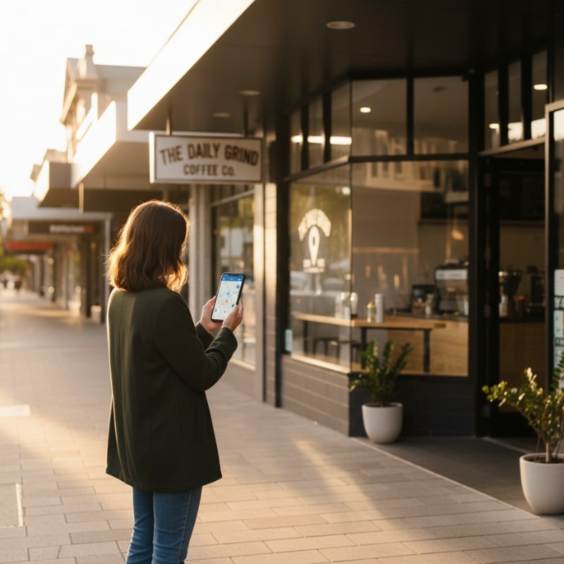 Person using a map app on a phone outside an Australian small business, representing local visibility driving local revenue.
