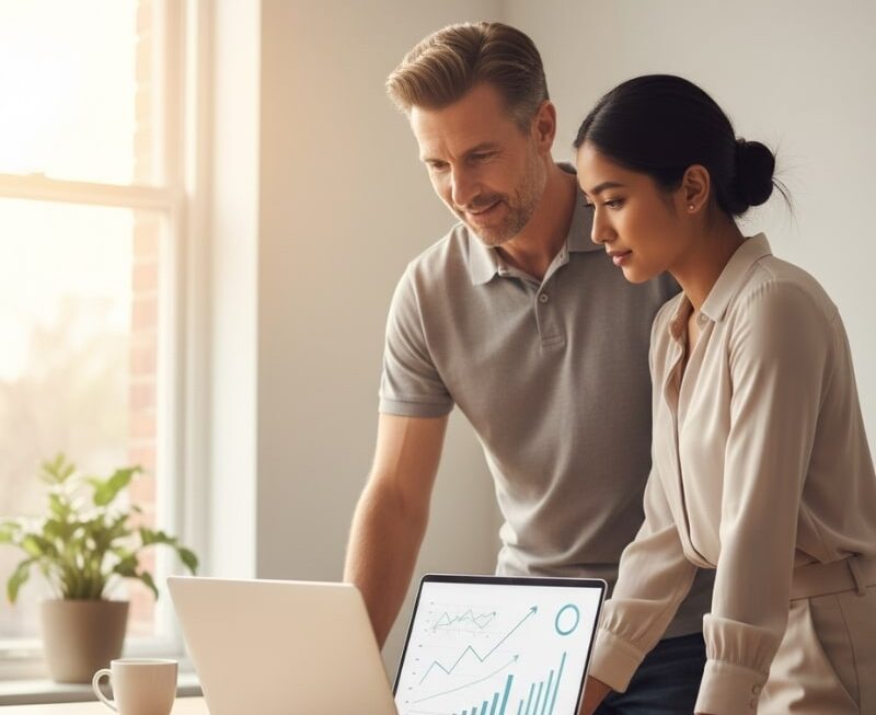 Australian business owner reviewing SEO performance trends on a laptop with a marketing specialist.
