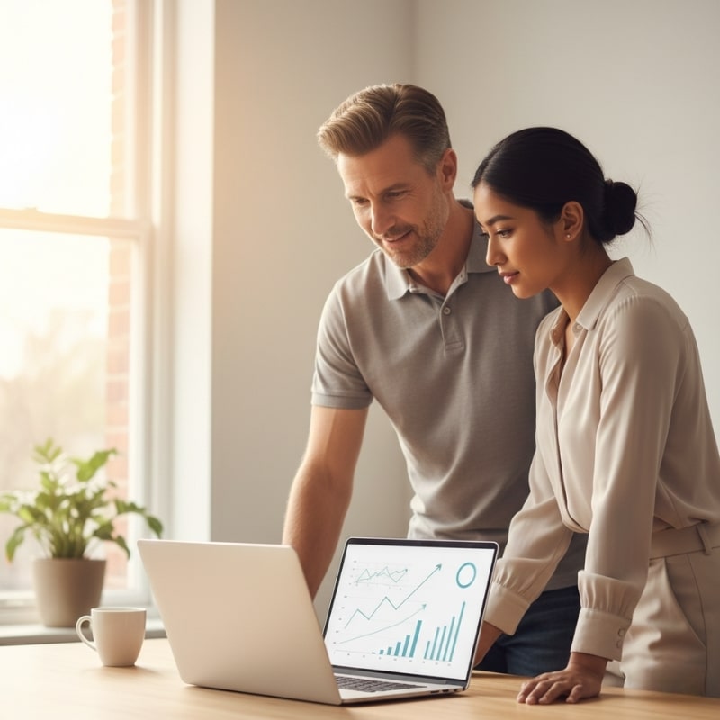 Australian business owner reviewing SEO performance trends on a laptop with a marketing specialist.