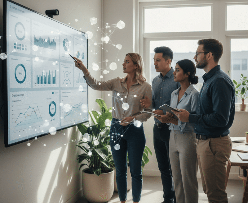 Australian marketers reviewing answer engine optimisation performance metrics on an analytics dashboard.