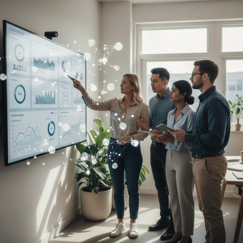 Australian marketers reviewing answer engine optimisation performance metrics on an analytics dashboard.