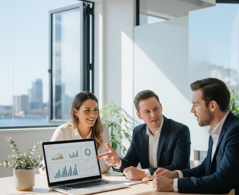 Australian business team analysing branded search growth and SEO performance on a laptop