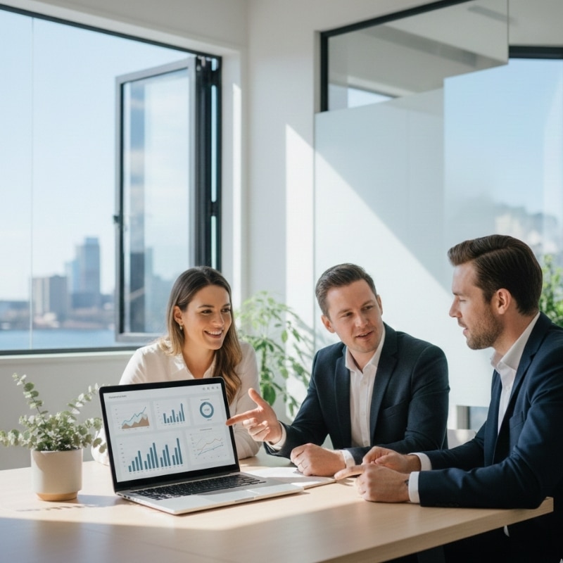 Australian business team analysing branded search growth and SEO performance on a laptop
