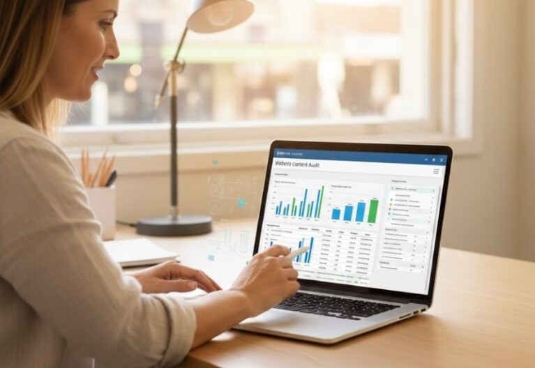 Australian business owner reviewing a thin content audit checklist to improve Google rankings.