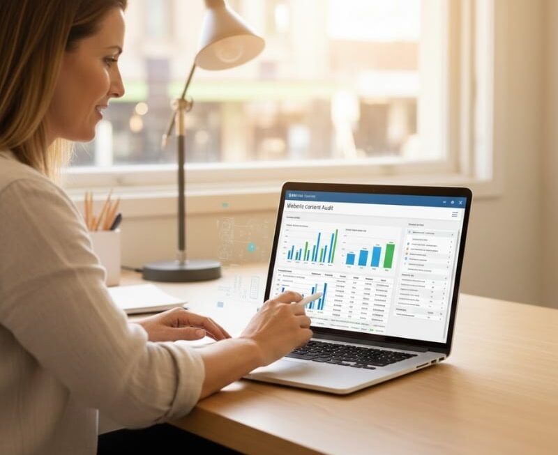 Australian business owner reviewing a thin content audit checklist to improve Google rankings.