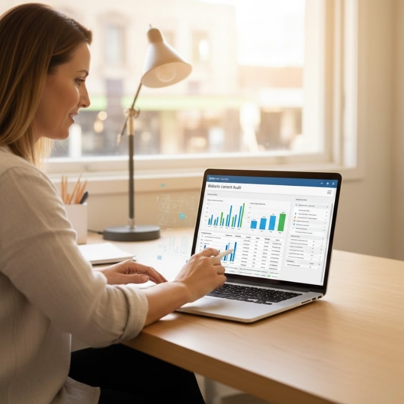 Australian business owner reviewing a thin content audit checklist to improve Google rankings.