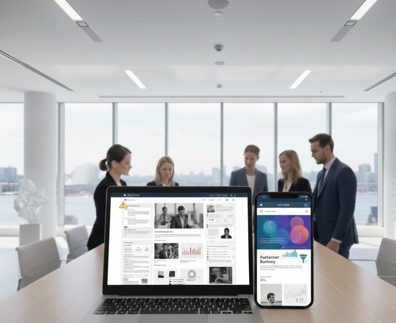 Website redesign risk illustration showing before-and-after site layout on laptop and mobile for an Australian business.