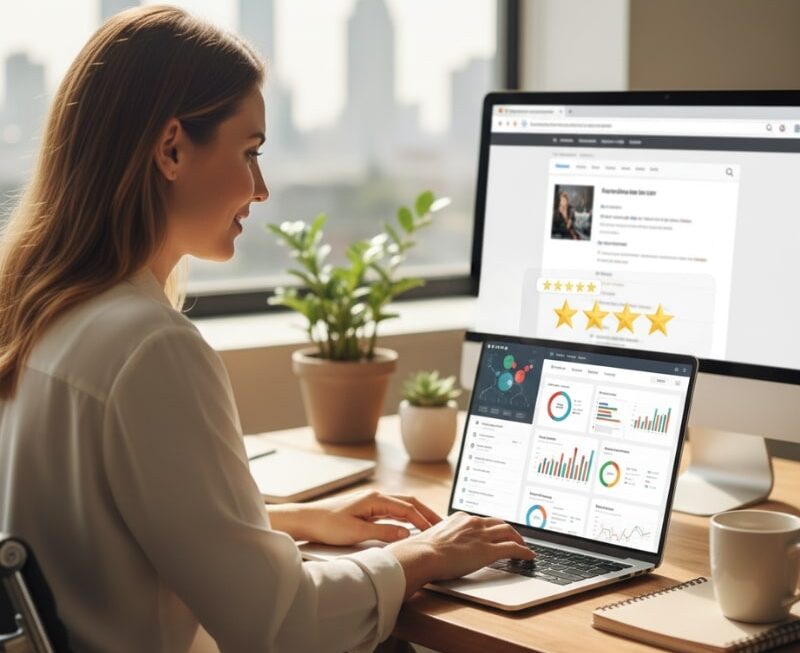 Australian business owner improving SEO by building customer trust with reviews, credibility signals, and a secure website.