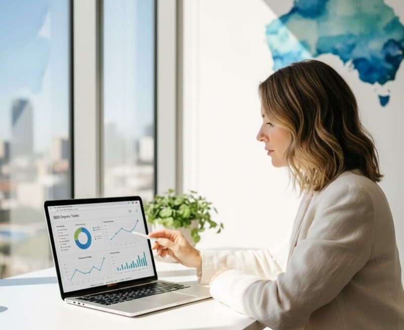 Service business owner in Australia reviewing intent-based SEO results on a laptop.