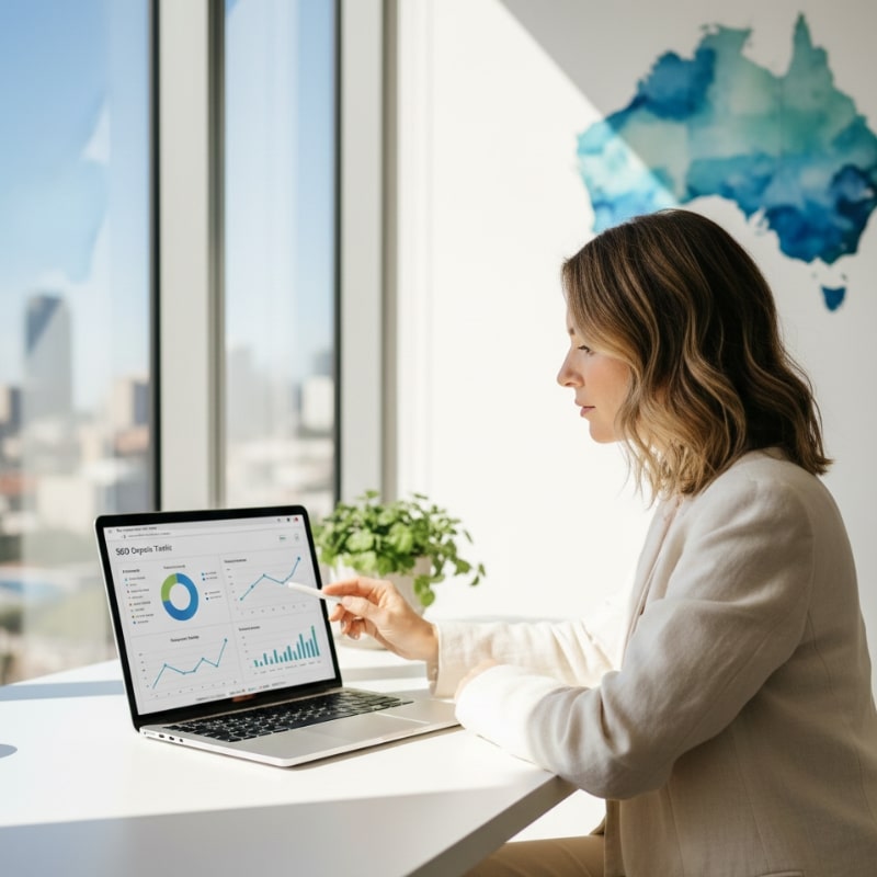 Service business owner in Australia reviewing intent-based SEO results on a laptop.