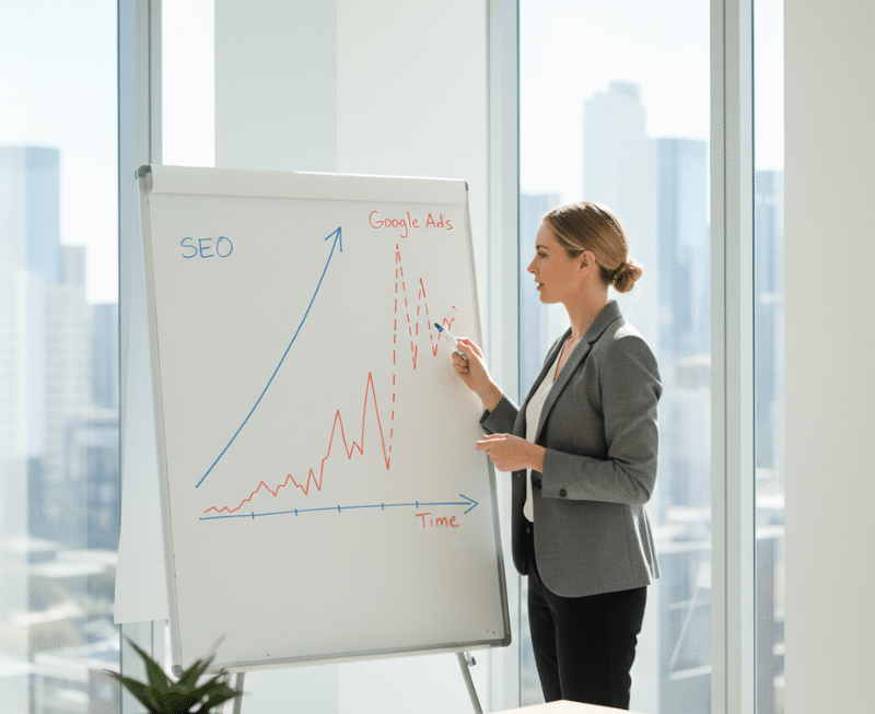 Australian business owner comparing SEO vs Google Ads for long-term lead generation.