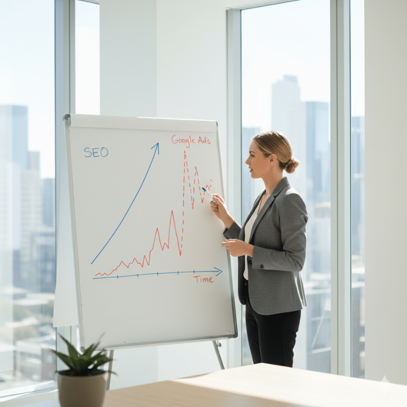 Australian business owner comparing SEO vs Google Ads for long-term lead generation.