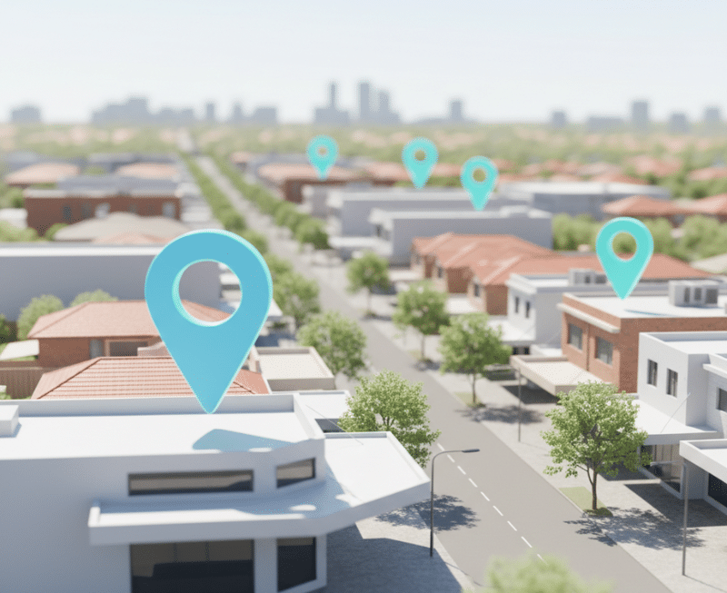 Illustration showing proximity-based “near me” searches versus suburb-based local searches in Australia using map pins over businesses and homes.