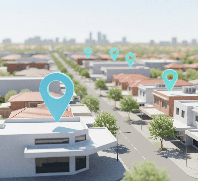Illustration showing proximity-based “near me” searches versus suburb-based local searches in Australia using map pins over businesses and homes.