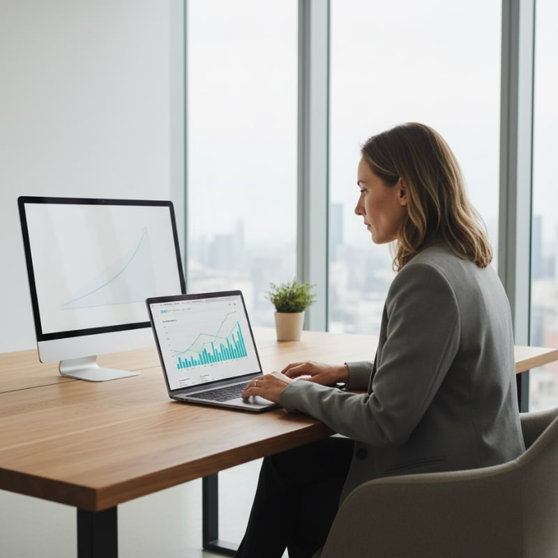 Australian business owner analysing website traffic and conversion performance on a laptop.