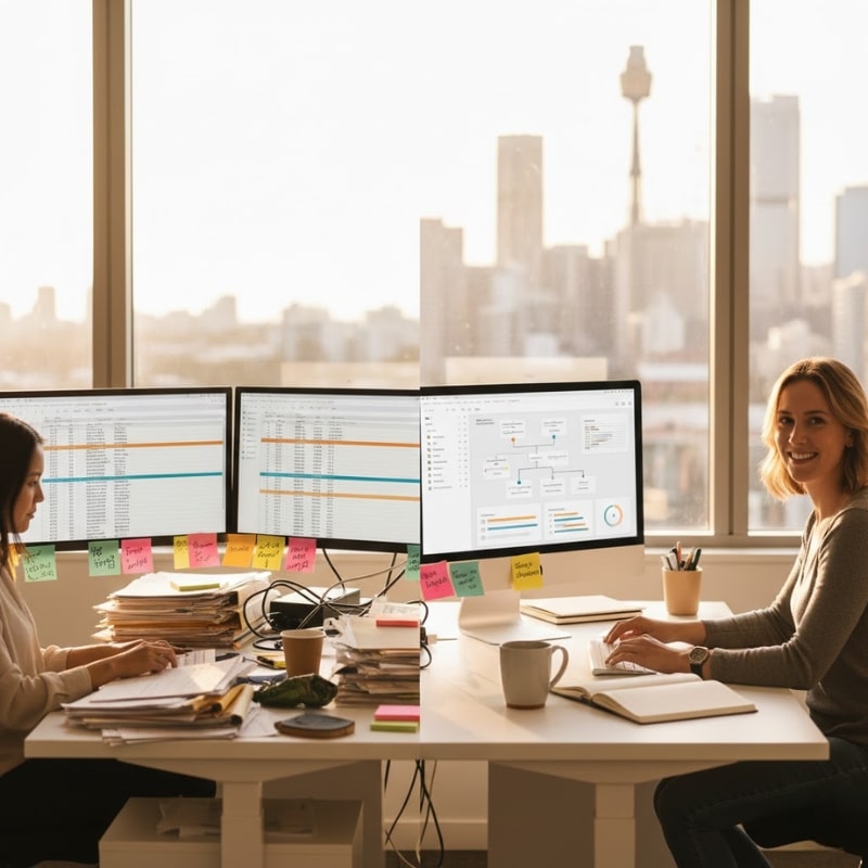 Australian small business comparing manual admin overload with streamlined AI automation workflows.