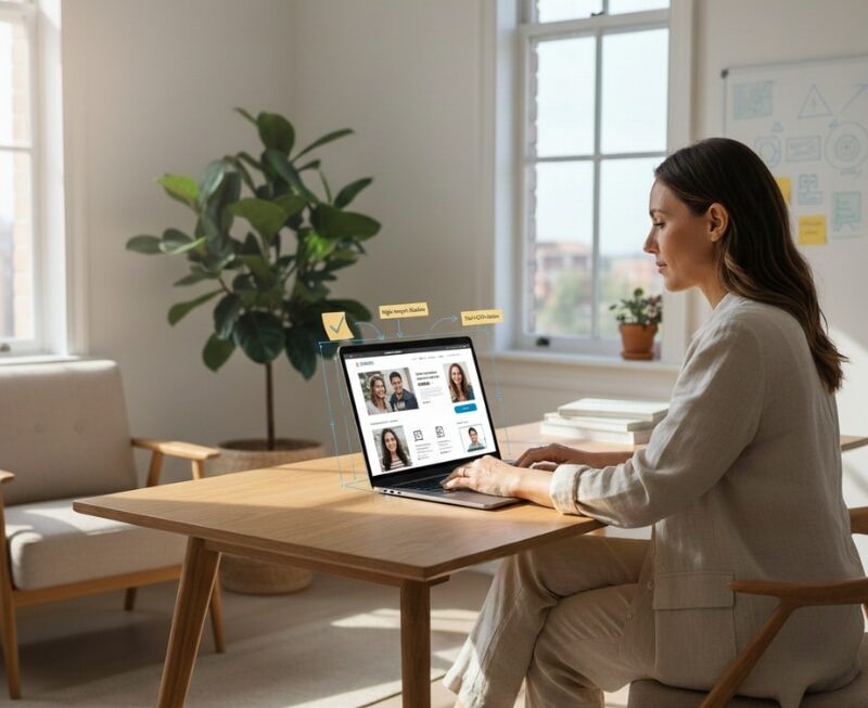 Australian business owner reviewing a high-converting homepage layout focused on clarity, trust and conversions.