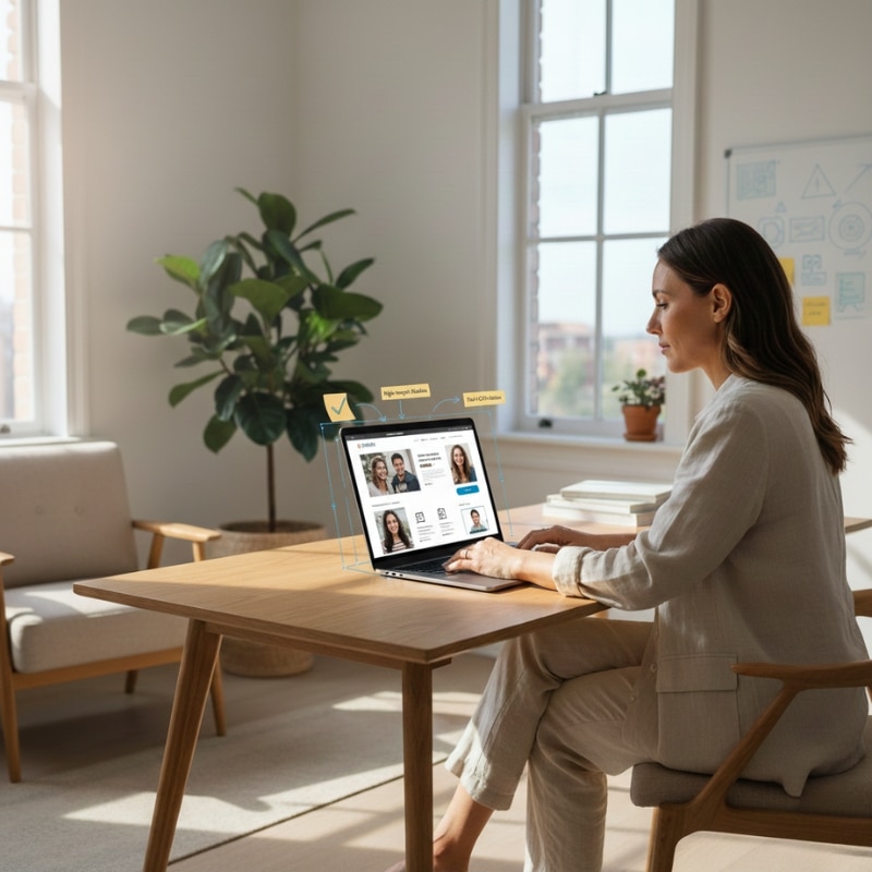 Australian business owner reviewing a high-converting homepage layout focused on clarity, trust and conversions.