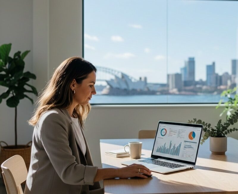 Australian business owner reviewing an SEO checklist dashboard showing organic visibility and lead metrics.